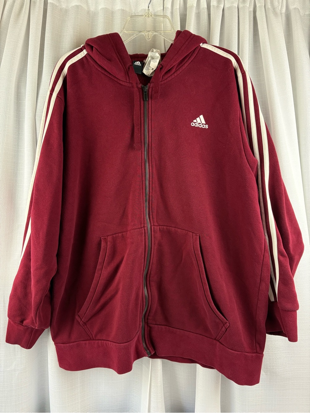 adidas Hoodie Mens XL Burgundy White 3-Stripes Logo Fleece Full Zip Pockets